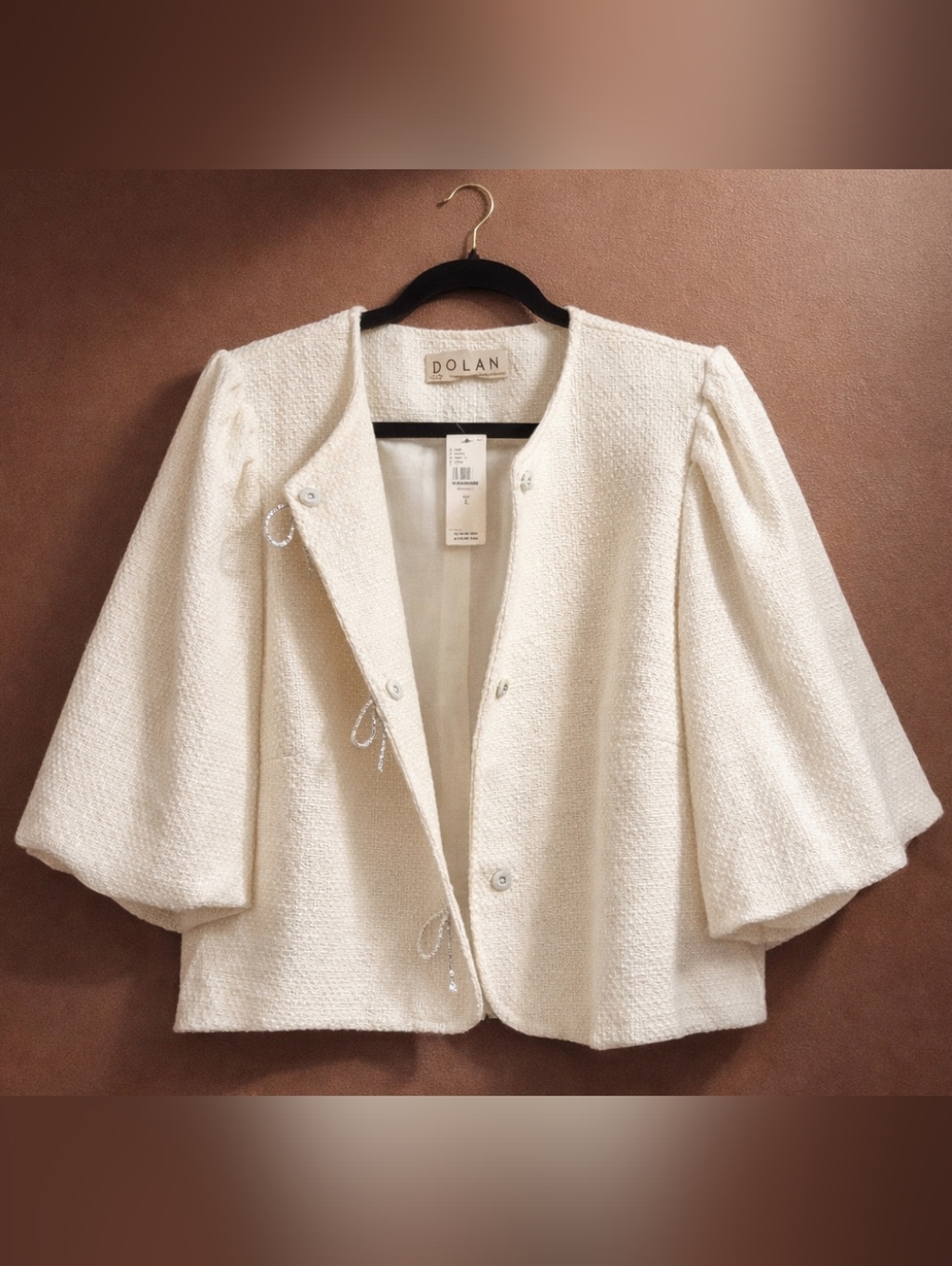 Anthropologie Cream Bouclé Open-Front Puff Sleeve Jacket
